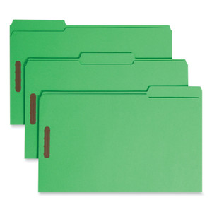 Smead Top Tab Colored Fastener Folders, 0.75" Expansion, 2 Fasteners, Legal Size, Green Exterior, 50/Box