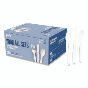 Perk Mediumweight Plastic Cutlery, Fork/Knife/Spoon, Plastic, White, 100/Pack