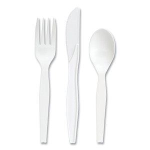 Perk Mediumweight Plastic Cutlery, Fork/Knife/Teaspoon, White, 100 Sets/Pack View Product Image