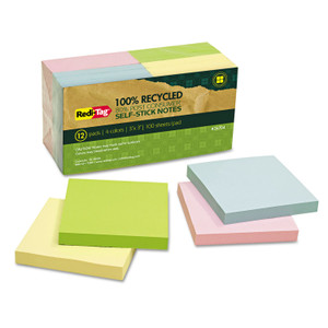 Redi-Tag 100% Recycled Self-Stick Notes, 3" x 3", Assorted Pastel Colors, 100 Sheets/Pad, 12 Pads/Pack (RTG26704) View Product Image