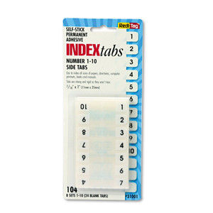 Redi-Tag Legal Index Tabs, Preprinted Numeric: 1 to 10, 1/12-Cut, White, 0.44" Wide, 104/Pack (RTG31001) View Product Image