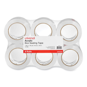 Universal Deluxe General-Purpose Acrylic Box Sealing Tape, 2 mil, 3" Core, 1.88" x 109 yds, Clear, 6/Pack (UNV53200) View Product Image