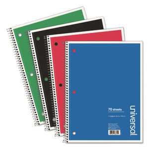 Universal Wirebound Notebook, 1-Subject, Medium/College Rule, Assorted Cover Colors, (70) 10.5 x 8 Sheets, 4/Pack View Product Image