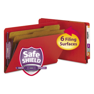 Smead End Tab Pressboard Classification Folders, Six SafeSHIELD Fasteners, 2" Expansion, 2 Dividers, Legal Size, Bright Red, 10/Box