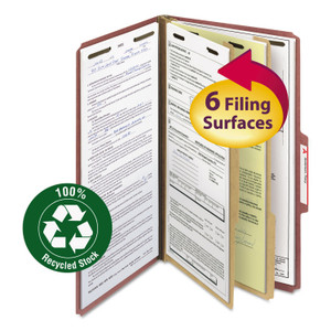 Smead Recycled Pressboard Classification Folders, 2" Expansion, 2 Dividers, 6 Fasteners, Legal Size, Red Exterior, 10/Box