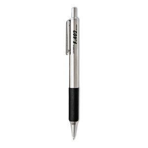Zebra F-402 Ballpoint Pen, Retractable, Fine 0.7 mm, Black Ink, Stainless Steel/Black Barrel, 2/Pack