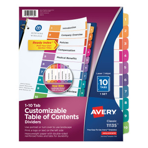 Avery Customizable TOC Ready Index Multicolor Tab Dividers, 10-Tab, 1 to 10, 11 x 8.5, White, Traditional Color Tabs, 1 Set