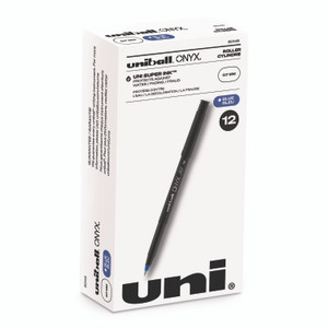 uniball ONYX Rollerball Pen, Stick, Fine 0.7 mm, Blue Ink, Black/Blue Barrel, Dozen