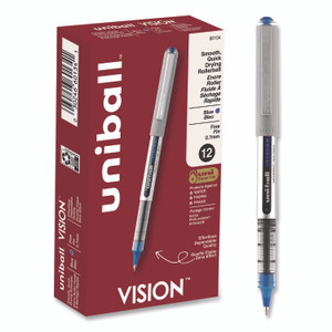 uniball VISION Rollerball Pen, Stick, Fine 0.7 mm, Blue Ink, Silver/Blue/Clear Barrel, Dozen