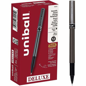 uniball™ Deluxe Rollerball Pens - 0.5 mm Micro Pen Point - Black Ink - Silver Barrel - Stainless Steel Tip