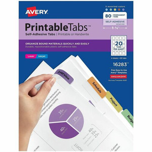 Avery Printable Repositionable Tabs - 80 Tab(s) - 1.75" Tab Width - Permanent - Paper Divider - Assorted Paper Tab(s)