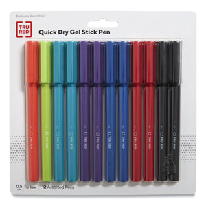 TRU RED Quick Dry Gel Pen, Stick, Fine 0.5 mm, Assorted Ink and Barrel Colors, 12/Pack