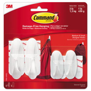 Command General Purpose Designer Hooks, Small/Medium, Plastic, White, 1lb and 3 lb Capacities, 4 Hooks and 4 Strips/Pack (MMM170812VPES) View Product Image