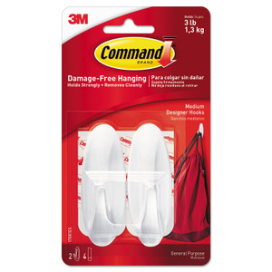 Command General Purpose Designer Hooks, Medium, Plastic, White, 3 lb Capacity, 2 Hooks and 4 Strips/Pack