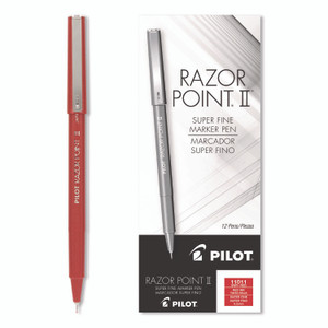 Pilot Razor Point II Super Fine Line Porous Point Pen, Stick, Super-Fine 0.2 mm, Red Ink, Red Barrel, Dozen