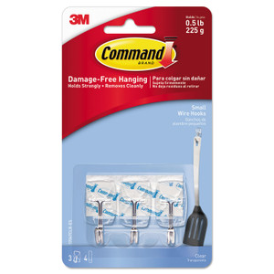 Command Clear Hooks and Strips, Small, Plastic/Metal, 0.5 lb Capacity, 3 Hooks and 4 Strips/Pack (MMM17067CLRES) View Product Image