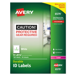 Avery Durable Permanent ID Labels with TrueBlock Technology, Laser Printers, 5 x 8.13, White, 2/Sheet, 50 Sheets/Pack