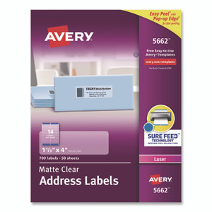 Avery Matte Clear Easy Peel Mailing Labels w/ Sure Feed Technology, Laser Printers, 1.33 x 4, Clear, 14/Sheet, 50 Sheets/Box