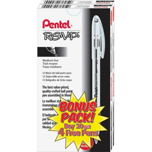 Pentel R.S.V.P. Ballpoint Stick Pens - Medium Pen Point - Refillable - Black Ink - Clear Barrel - Stainless Steel Tip