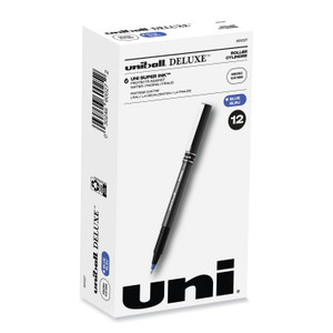 uniball Deluxe Rollerball Pen, Stick, Extra-Fine 0.5 mm, Blue Ink, Metallic Gray/Black/Blue Barrel, Dozen