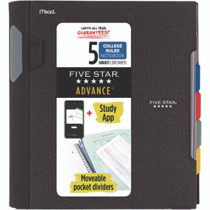 Five Star Advance Wirebound Notebook, 5-Subject, Medium/College Rule, Randomly Assorted Cover Color, (200) 11 x 8.5 Sheets