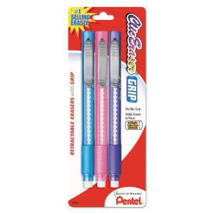 Pentel Clic Eraser Grip Eraser, For Pencil Marks, White Eraser, Randomly Assorted Barrel Colors (Three-Colors), 3/Pack View Product Image