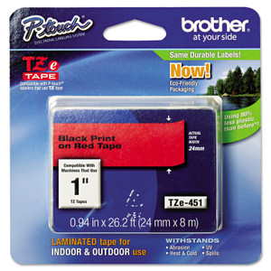 Brother P-Touch TZe Standard Adhesive Laminated Labeling Tape, 0.94" x 26.2 ft, Black on Red (BRTTZE451) View Product Image