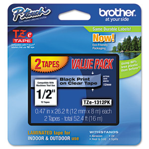 Brother P-Touch TZe Standard Adhesive Laminated Labeling Tapes, 0.47" x 26.2 ft, Black on Clear, 2/Pack (BRTTZE1312PK) View Product Image