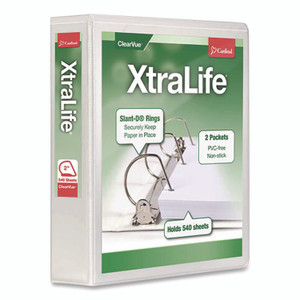 Cardinal XtraLife ClearVue Non-Stick Slant-D Ring Binder, 3 Rings, 2" Capacity, 11 x 8.5, White
