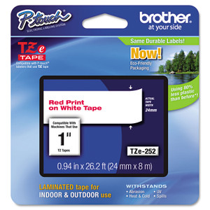 Brother P-Touch TZe Standard Adhesive Laminated Labeling Tape, 0.94" x 26.2 ft, Red on White (BRTTZE252) View Product Image