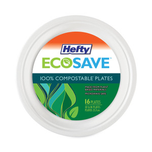 Hefty ECOSAVE Tableware, Plate, Bagasse, 10.13" dia, White, 16/Pack, 12 Packs/Carton (RFPD71016) View Product Image