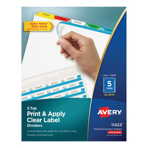 Avery Print and Apply Index Maker Clear Label Dividers, 5-Tab, Color Tabs, 11 x 8.5, White, Traditional Color Tabs, 25 Sets