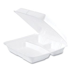 Dart Foam Hinged Lid Containers, 3 Compartments, 9.25 x 9.5 x 3, White, 100/Sleeve, 2 Sleeves/Carton
