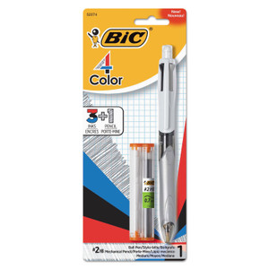 BIC 4-Color 3 + 1 Ballpoint Pen/Pencil, Retractable, Medium 1 mm Pen/0.7 mm Pencil, Black/Blue/Red Ink, Gray/White Barrel