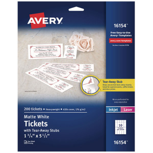 Avery Printable Tickets w/Tear-Away Stubs, 97 Bright, 65 lb Cover Weight, 8.5 x 11, White, 10 Tickets/Sheet, 20 Sheets/Pack