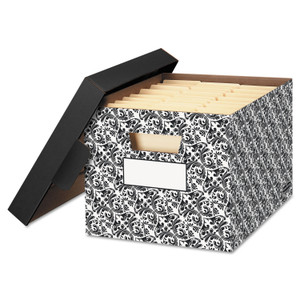 Bankers Box STOR/FILE Decorative Medium-Duty Storage Box, Letter/Legal Files, 12.5" x 16.25" x 10.5", Black/White Brocade Design, 4/CT