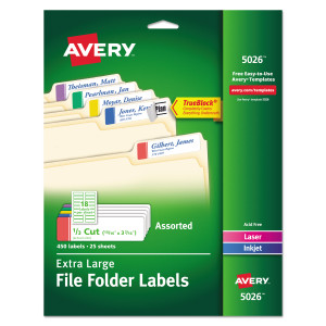 Avery Extra-Large TrueBlock File Folder Labels with Sure Feed Technology, 0.94 x 3.44, White, 18/Sheet, 25 Sheets/Pack AVE5026