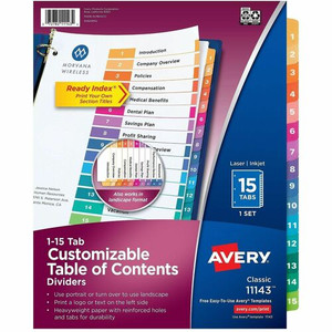Avery Ready Index Table of Content Dividersfor Laser and Inkjet Printers - 15 x Divider(s) - 1-15 - 15 Tab(s)/Set - 8.5" Divider Width x 11" Divider Length - 3 Hole Punched