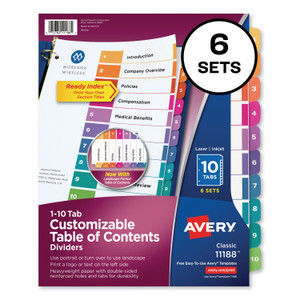 Avery Customizable TOC Ready Index Multicolor Tab Dividers, 10-Tab, 1 to 10, 11 x 8.5, White, Traditional Color Tabs, 6 Sets