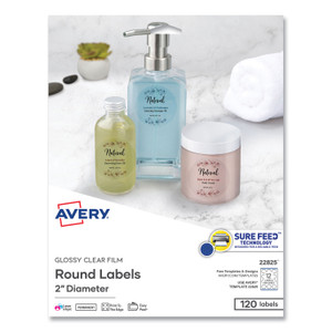 Avery Round Print-to-the Edge Labels with Sure Feed and Easy Peel, 2" dia, Glossy Clear, 120/PK (AVE22825) View Product Image