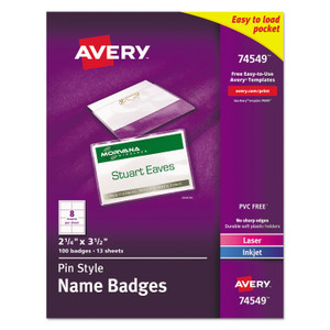 Avery Pin-Style Badge Holder with Laser/Inkjet Insert, Top Load, 3.5 x 2.25, White, 100/Box (AVE74549) View Product Image