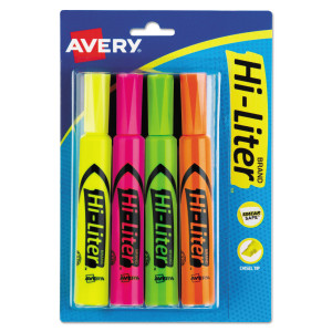 Avery HI-LITER Desk-Style Highlighters, Assorted Ink Colors, Chisel Tip, Assorted Barrel Colors, 4/Set AVE24063