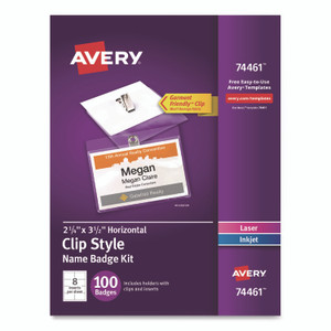 Avery Clip-Style Badge Holder with Laser/Inkjet Insert, Top Load, 3.5 x 2.25, White, 100/Box