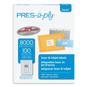 PRES-a-ply Labels, Inkjet/Laser Printers, 0.5 x 1.75, White, 80/Sheet, 100 Sheets/Pack