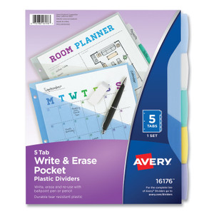 Avery Write and Erase Durable Plastic Dividers with Slash Pocket, 3-Hold Punched, 5-Tab, 11.13 x 9.25, Assorted, 1 Set
