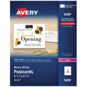Avery Printable Postcards, Laser, 80 lb, 4.25 x 5.5, Matte White, 200 Cards, 4 Cards/Sheet, 50 Sheets/Box