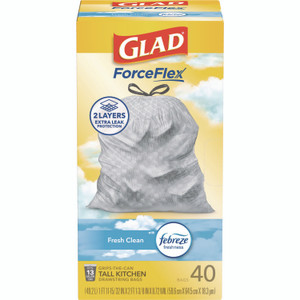 Glad ForceFlex Kitchen Drawstring Trash Bags, 13 gal, Gain Fresh Clean Scent, 24 x 27.38, White, 40 Bags/Box, 6 Boxes/Carton