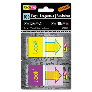 Redi-Tag Pop-Up Fab Page Flags w/Dispenser, "Look!", Purple/Yellow; Yellow/Teal, 100/Pack (RTG72039) View Product Image