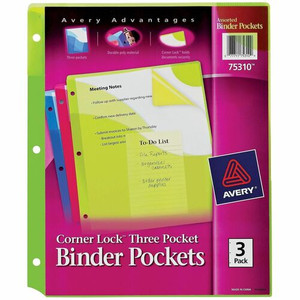 Avery Corner Lock Binder Pockets, Assorted, 3ct (75310) - 20 x Page, Paper, Photograph, Document Capacity - For Letter 8 1/2" x 11" Sheet - 3 x Holes - Ring Binder - Rectangular