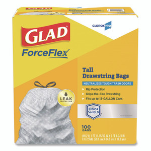 Glad CloroxPro ForceFlex Tall Kitchen Drawstring Trash Bags, 13 gal, 23.75 x 24.88, Gray, 100/Box